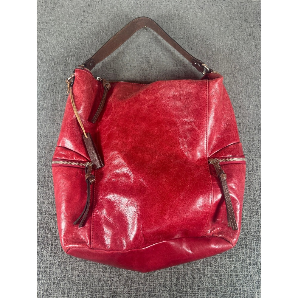 Tano Red Distressed Leather Hobo Bag Shoulder Purse with Side Zips